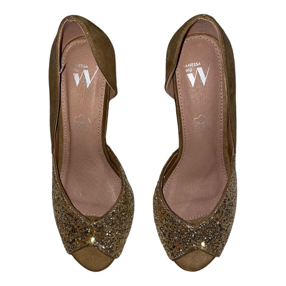 Vanessa Wu Diane camel and gold peep-toe pumps Women’s Heels Size 36 or US 6 NWT - Picture 3 of 16